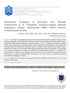 Performance Evaluation of Encrypted Text Message Transmission in 5G Compatible Frequency-domain Subband Superposed Scheme Implemented MIMO OFDM Wireless  Communication System