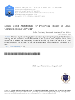 Secure Cloud Architecture for Preserving Privacy in Cloud Computing Using OTP/WTP