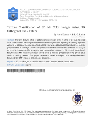 Texture Classification of 3D MR Color Images using 3D Orthogonal Rank Filters