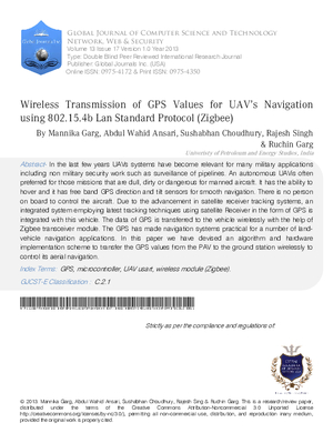 Wireless Transmission of GPS Values for UAVas Navigation using 802.15.4b LAN Standard Protocol (ZIGBEE)