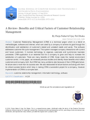 A Review-:  Benefits and Critical Factors of Customer Relationship Management
