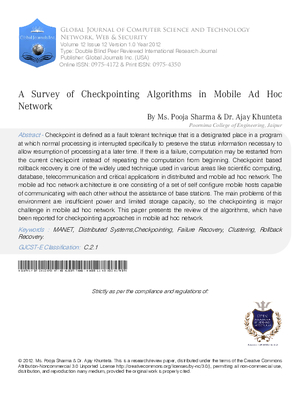 A Survey of Checkpointing Algorithms in Mobile Ad Hoc Network