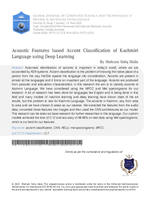 Acoustic Features Based Accent Classification of Kashmiri Language using Deep Learning