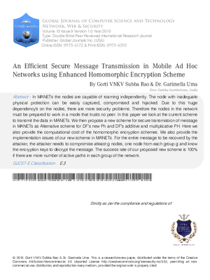 An Efficient Secure Message Transmission in Mobile Ad Hoc Networks using Enhanced Homomorphic Encryption Scheme
