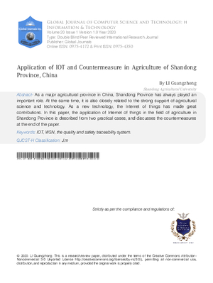Application of IOT and Countermeasure in Agriculture of Shandong Province, China