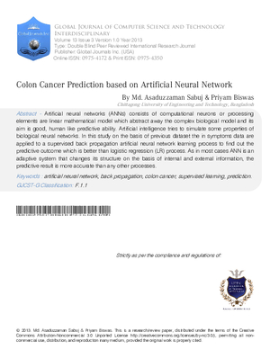 Colon Cancer Prediction based on Artificial Neural Network