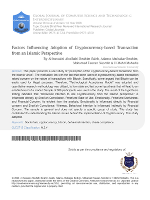 Factors Influencing Adoption of Cryptocurrency-Based Transaction from an Islamic Perspective