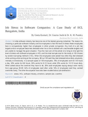 Job Stress in Software Companies: A Case Study of HCL Bangalore, India