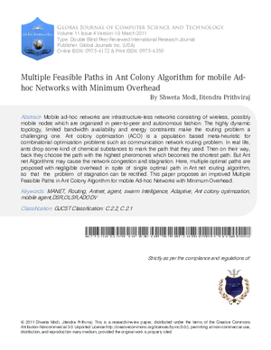 Multiple Feasible Paths in Ant Colony Algorithm for mobile Ad-hoc Networks with Minimum Overhead