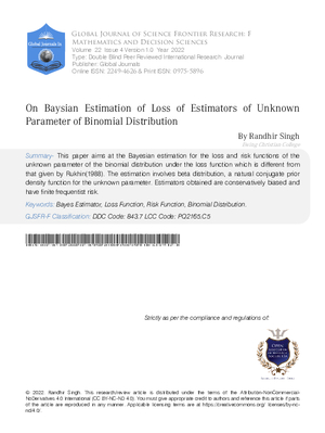 On Baysian Estimation of Loss of Estimators of Unknown Parameter of  Binomial Distribution