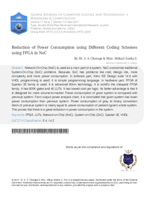 Reduction of Power Consumption using Different Coding Schemes using FPGA in NOC