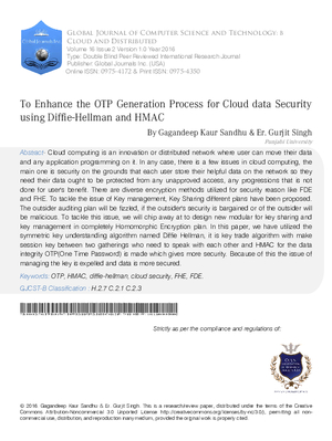 To Enhance the OTP Generation Process for Cloud Data Security using Diffie-Hellman and HMAC