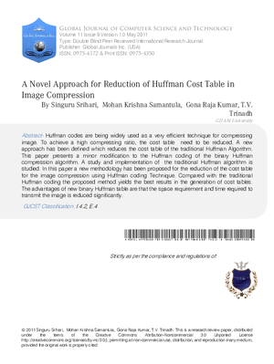 A NOVEL APPROACH FOR REDUCTION OF HUFFMAN COST TABLE IN IMAGE COMPRESSION