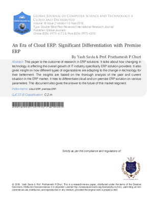 An Era of Cloud ERP : Significant Differentiation with Premise ERP