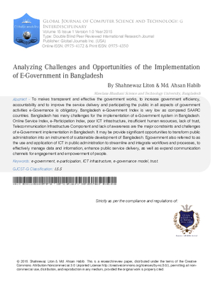 Analyzing Challenges and Opportunities of the Implementation of E-Government in Bangladesh