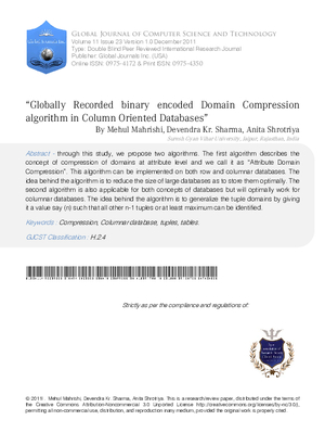 aoGlobally Recorded binary encoded Domain Compression algorithm in Column Oriented Databasesa