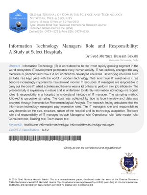 Information Technology Managers Role and Responsibility: - A Study at Select Hospitals
