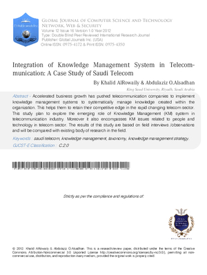 Integration of  Knowledge Management System in Telecommunication: A Case Study of Saudi Telecom