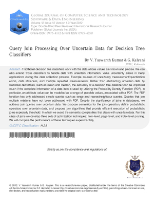 Query Join Processing over Uncertain Data for Decision Tree Classifiers