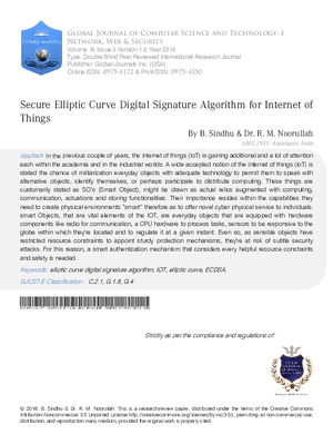 Secure Elliptic Curve Digital Signature Algorithm for Internet of Things