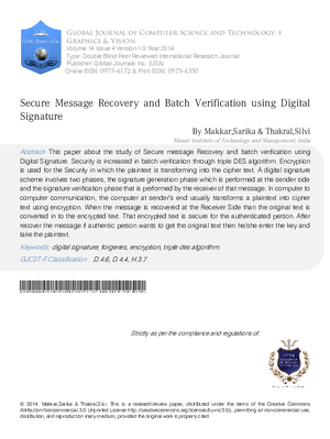 Secure Message Recovery and Batch Verification using Digital Signature