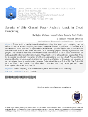 Security of Side Channel Power Analysis Attack in Cloud Computing