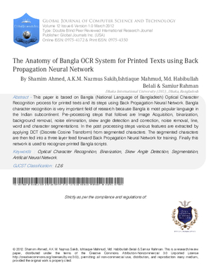 The Anatomy of Bangla OCR System for Printed Texts using Back Propagation Neural Network