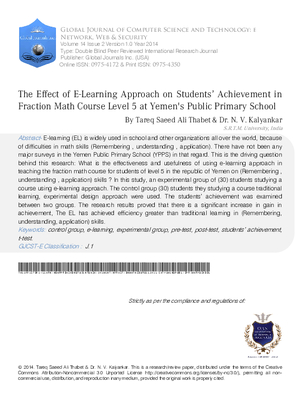 The Effect of E-Learning Approach on Studentsa Achievement in Fraction Math Course Level 5 at Yemens Public Primary School