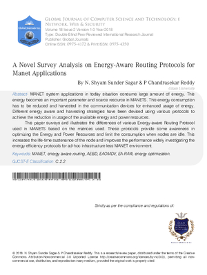 A Novel Survey Analysis on Energy-Aware Routing Protocols for Manet Applications