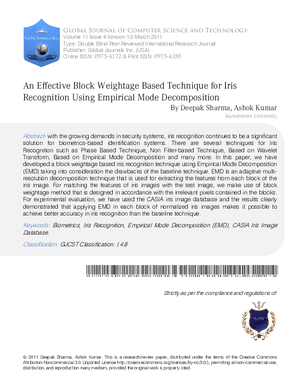 AN EFFECTIVE BLOCK WEIGHTAGE BASED TECHNIQUE FOR IRIS RECOGNITION USING EMPIRICAL MODE DECOMPOSITION