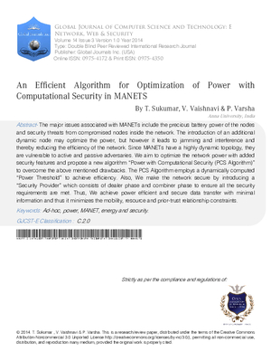 An Efficient Algorithm for Optimization of Power with Computational Security in MANETs