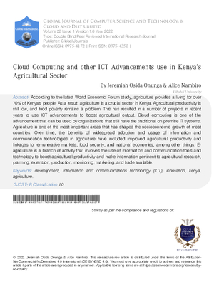 Cloud Computing and Other ICT advancements Use in Kenya’s Agricultural Sector