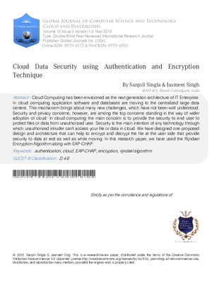 Cloud Data Security using Authentication and Encryption Technique