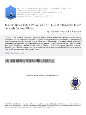 Content based data retrieval on KNN- classification and cluster analysis for data mining