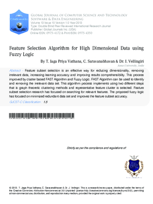 Feature Selection Algorithm for High Dimensional Data using Fuzzy Logic