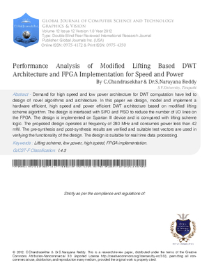 Performance Analysis of Modified Lifting Based DWT Architecture and FPGA Implementation for Speed and Power
