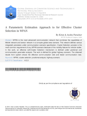 A Parameteric Estimation Approach to for Effective Cluster Selection in WPAN
