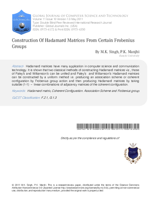 CONSTRUCTION OF HADAMARD MATRICES FROM CERTAIN FROBENIUS GROUP