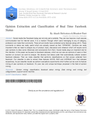 Opinion extraction and classification of real time Facebook Status