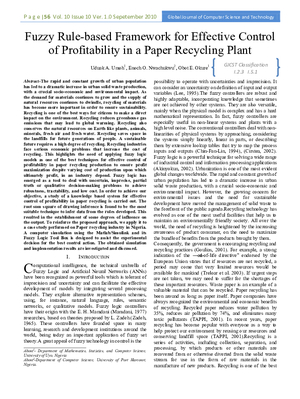 Fuzzy Rule-based Framework for Effective Control of Profitability in a Paper Recycling Plant