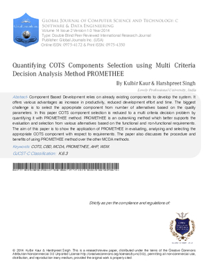 Quantifying COTS Components Selection using Multi Criteria Decision Analysis Method- PROMETHEE