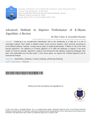 Advanced Methods to Improve Performance of  K-Means Algorithm: A Review