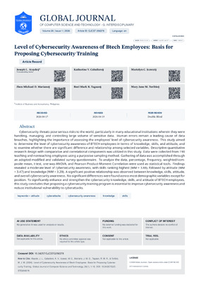 Level of Cybersecurity Awareness of Btech Employees: Basis for Proposing Cybersecurity Training