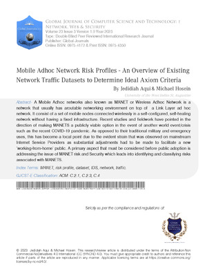 Mobile Adhoc Network Risk Profiles-An overview of Existing Network Traffic Datasets to determine Ideal Axiom Criteria